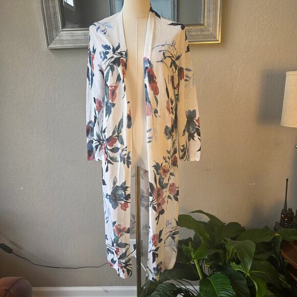 J.Jill Women's Linen Blend Floral Whimsical Duster Cardigan Sweater Size M Multi - Picture 2 of 8